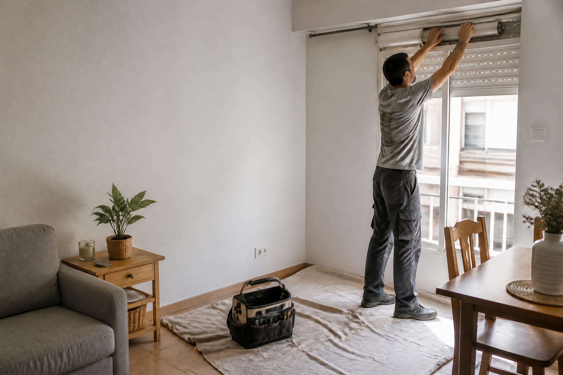 Profesional ajustando el mecanismo de una persiana en el salón de una vivienda, con el suelo protegido por una lona